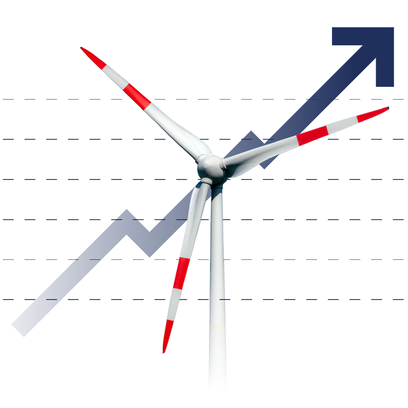 Eine Windturbine mit rot-weißen Flügeln steht vor einem stilisierten, nach oben zeigenden Pfeildiagramm, das Wachstum oder Zunahme andeutet, auf einem Hintergrund mit gestrichelten horizontalen Linien.