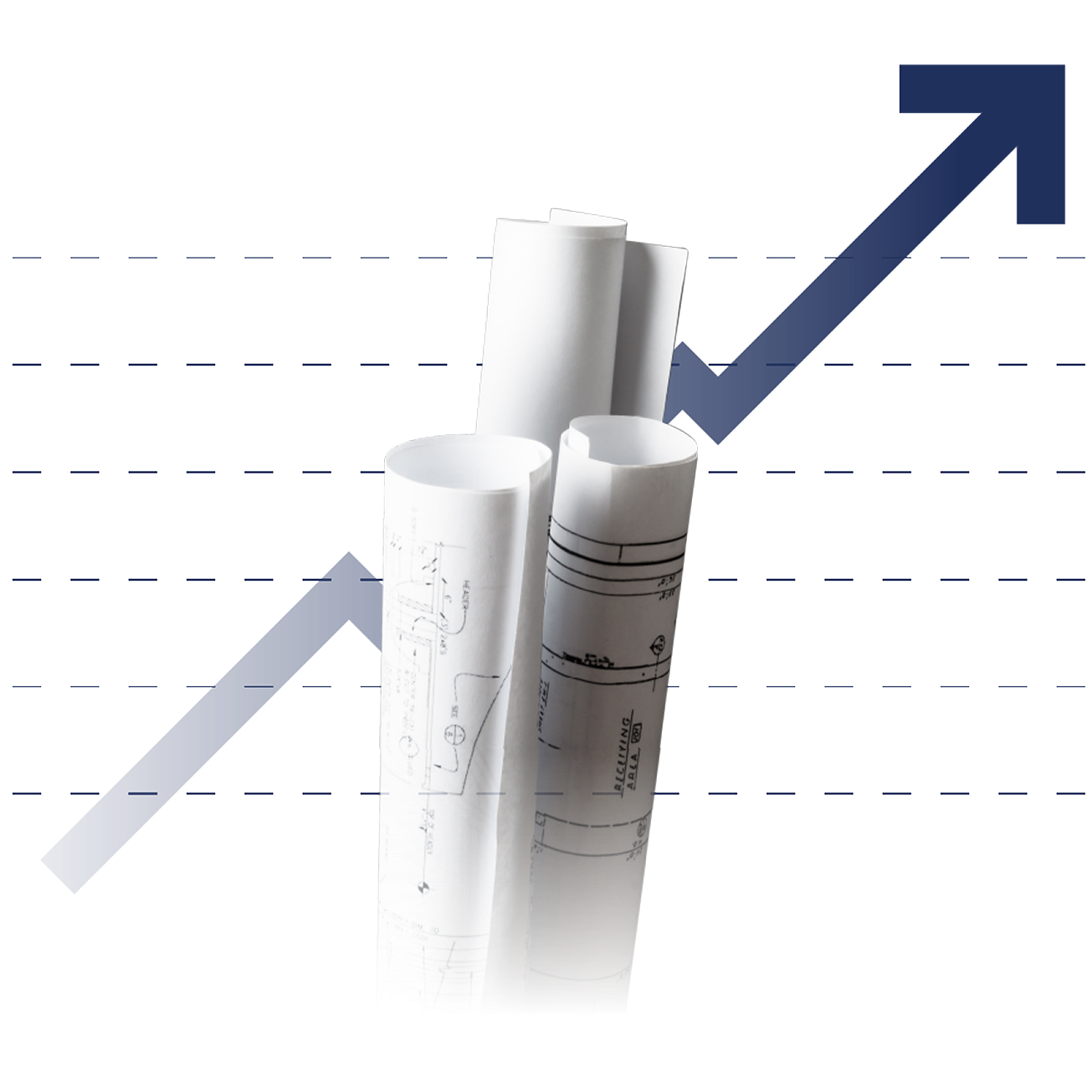 Drei aufgerollte architektonische Entwürfe stehen aufrecht vor einem Hintergrund mit einem blauen Pfeil nach oben, der Wachstum oder Fortschritt suggeriert, und einem Gitter aus gestrichelten Linien.