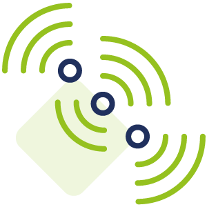 Eine Grafik zeigt drei marineblaue Kreise in einer diagonalen Reihe, die jeweils von drei Reihen gebogener grüner Linien umgeben sind, die Wellen oder Signale darstellen. Im Hintergrund erscheint eine hellgrüne Rautenform.