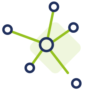 Ein zentraler marineblauer Kreis ist mit fünf äußeren marineblauen Kreisen mit grünen Linien verbunden, die ein Netz oder ein Naben- und Speichenmuster bilden, über einer schwachen hellgrünen Rautenform im Hintergrund.