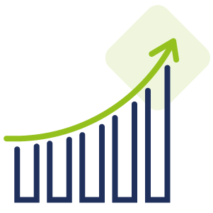 Ein blaues Balkendiagramm mit sieben vertikalen Balken, die von links nach rechts allmählich an Höhe gewinnen. Ein grüner, nach oben gerichteter Pfeil krümmt sich über den Balken und zeigt Wachstum oder Fortschritt an. Im Hintergrund befindet sich ein schwaches grünes Quadrat.