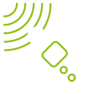 Eine vereinfachte Illustration eines Handgeräts, das grüne gebogene Linien, die drahtlose Signale darstellen, auf einem hellen Hintergrund ausstrahlt. Das Gerät hat einen Bildschirm und zwei Tasten.