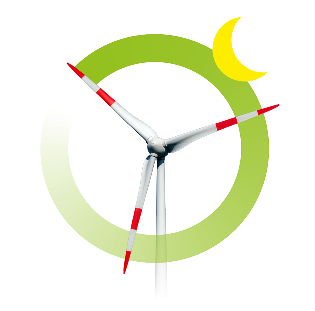 Ein Windrad mit roten Spitzen steht vor einem teilweise grünen Kreis und einer gelben Sichelform auf weißem Hintergrund.