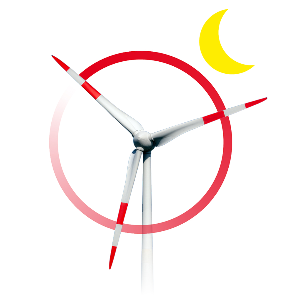 In der Bildmitte befindet sich eine Windkraftanlage mit roten Flügeln. Ein roter Teilkreis und eine gelbe Mondsichel befinden sich hinter der Turbine auf einem einfarbig weißen Hintergrund.